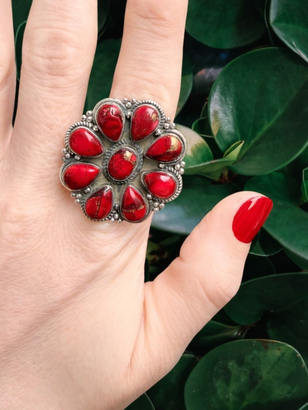 Sterling Silver Red Rose Dahlia Ring | Size 6 | Floral Western Style | New
